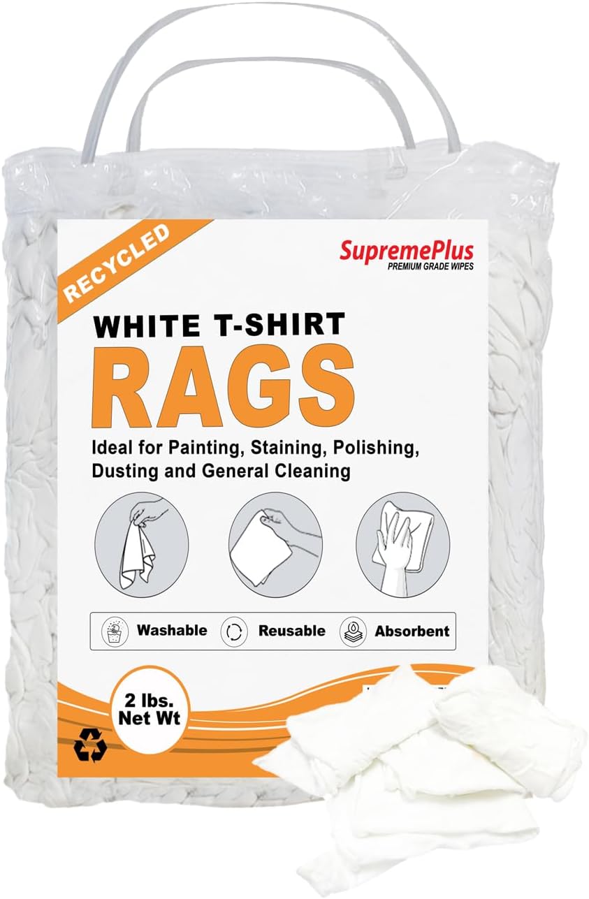 Recycled White T-Shirt Cleaning Rags (2 lbs. Bag - Pack of 12) – Shop Rags Bulk for Oil, Stain, Grease, Paint, and Auto Cleaning, Multipurpose