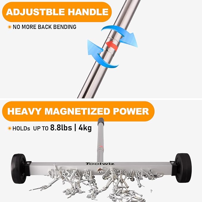 Toolwiz Magnetic Pick Up Sweeper 17-inch Heavy Duty Magnet Pickup Lawn Sweeper Roofing Tools, 8.8 Lbs Yard Magnet with Telescoping Holder and Wheels to Pick Up Nails Magnetic Sweeper for Construction