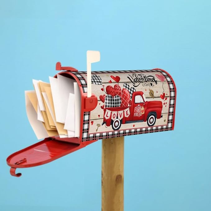 Valentines Day Mailbox Cover Magnetic Standard Size 21 x 18 Inch Love Hearts Red Truck Black White Buffalo Plaid Valentines Decoration Mailbox Cover Romantic Post Box Cover Wraps Garden Yard Decor