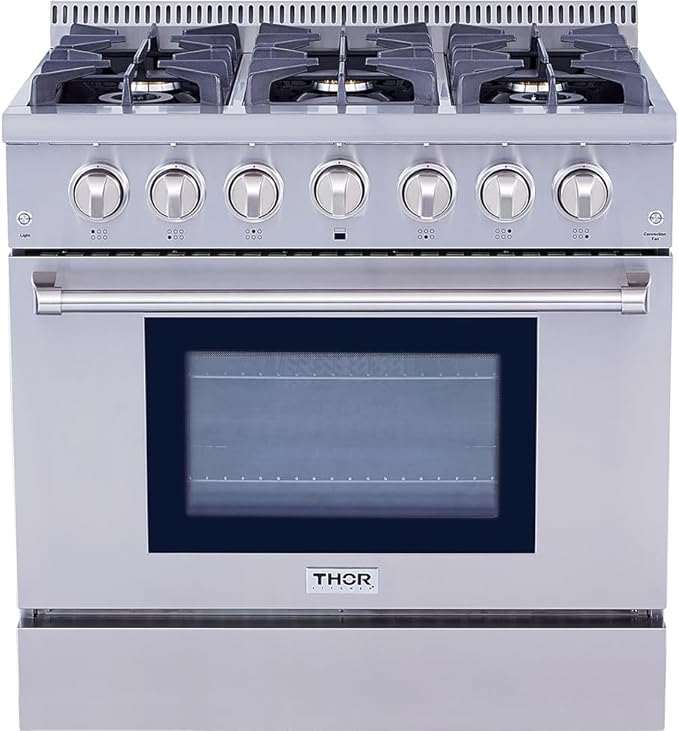 THOR Kitchen Freestanding Professional 36-Inch Gas Range with Blue Porcelain Oven Interior In Stainless Steel - Model HRG3618U