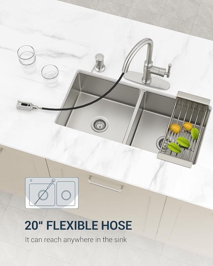 DAYONE Vintage Kitchen Faucet with Soap Dispenser, Single Handle High Arc Antique Pull Out Kitchen Sink Faucets with 3-Mode Pull Down Sprayer, APS136 (Standard, Brushed Nickel)