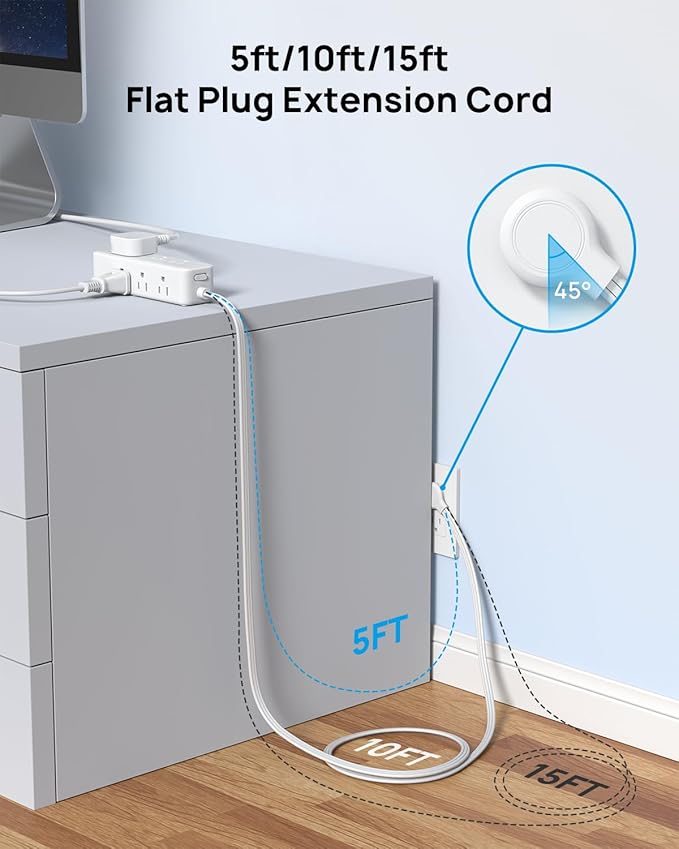 Surge Protector Power Strip with USB: TROND 5ft Flat Plug Extension Cord with 9 Outlets, 20W USB C Port, Supports Fast Charging, Mountable Desk Charging Station, Office Hotel Dorm Room Essentials