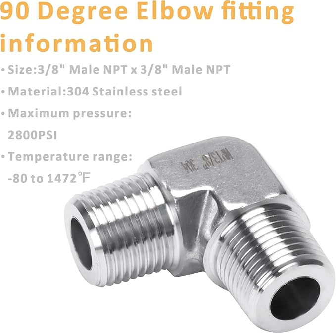 90 Degree Street Elbow - 3/8" NPT Male to 3/8" NPT Male Stainless Steel 304 Heavy Duty Forged Barstock Street Elbow Adapter Pipe Fitting (pack of 5)