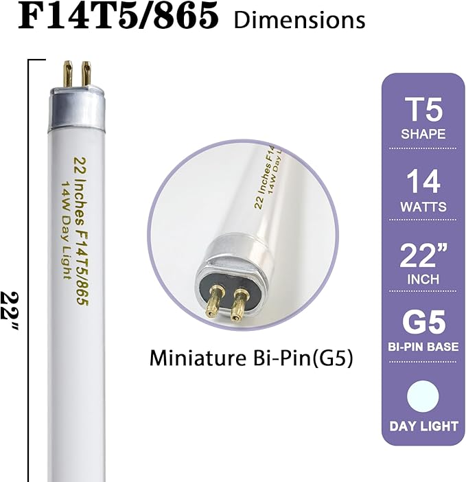 amgolibi T5 14W 6500K Fluorescent Tube, 22 Inches F14T5/865 Straight Fluorescent Bulb, F14T5/DL Fluorescent Lamp for Counter and Cabinet Fixture, Cool White 1350 Lumen G5 Cap