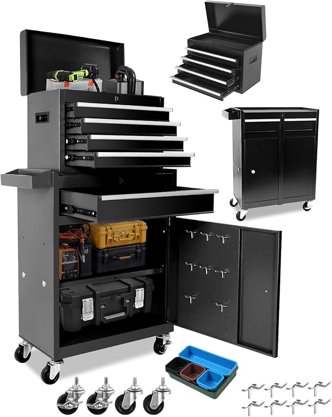 2 in 1 Tool Chest with 5 Drawers, Tool Cart with 7 Organizer Tray Divider Set & Wheels, Large Rolling Tool Box Organizer for Garage, Workshop, Home Crafts