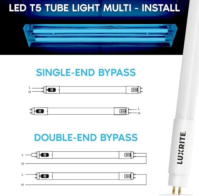 LUXRITE 12-Pack 4FT T5 LED Tube Lights, Type B, 24W=54W, 4 Colors 3500K | 4000K | 5000K | 6500K, 45.79", Single and Double End Powered, Ballast Bypass, 3200LM, F54T5 Fluorescent Replacement, UL, DLC