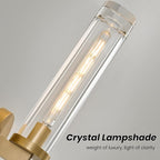Modern Crystal Brass Gold Sconce: 14.5” Vintage Bathroom Sconce With Bulb - Clear Crystal Glass Tube Hardwired Mirror Vanity Light- Luxury Antique Indoor Brushed Gold Wall Lamp for Bedroom Living Room