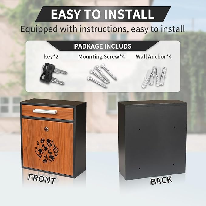 Wall Mount Mailbox, Large Capacity Mailbox for House Outside Galvanized Steel Rust-Proof Metal Post Drop Box, 12"×10.5"×4.7" Flower Hollowed Wooden Patterned Metal Sheet Black