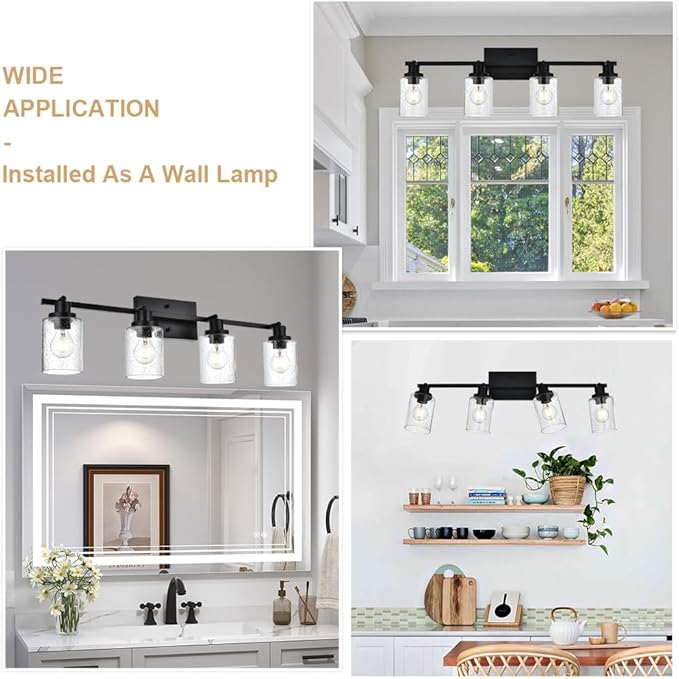 4-Light Track Lighting Kit Bathroom Wall Light Fixtures, Black Directional Ceiling Light for Kitchen Dining Room Bedroom Office, Seeded Glass Shades