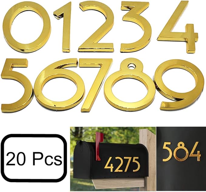 Diggoo 20 Pack Mailbox Numbers 0-9, 2.76 Inch High, Door Address Numbers Stickers for Apartment, House, Room, Office, Cars, Trucks, Gold Plating Process Number Sign