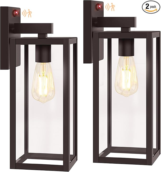 BesLowe Upgraded Motion Sensor Outdoor Wall Lights, 15” Dusk to Dawn Porch Lights Outdoor Wall Sconce Lanterns, 3 Lighting Modes Exterior Lighting Fixtures, Brown Outside Lights for House, 2-Pack