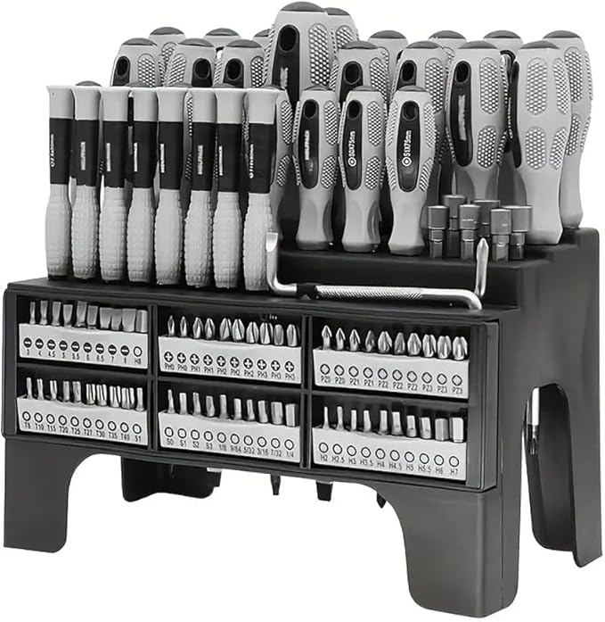 100-Piece Magnetic Screwdriver Set with Plastic Rack, Includes Slotted/Phillips/Torx Precision Drivers, Non-Slip Rubber Handles, Multi-Purpose Screwdrivers, Best Tools Men Gift (Grey)