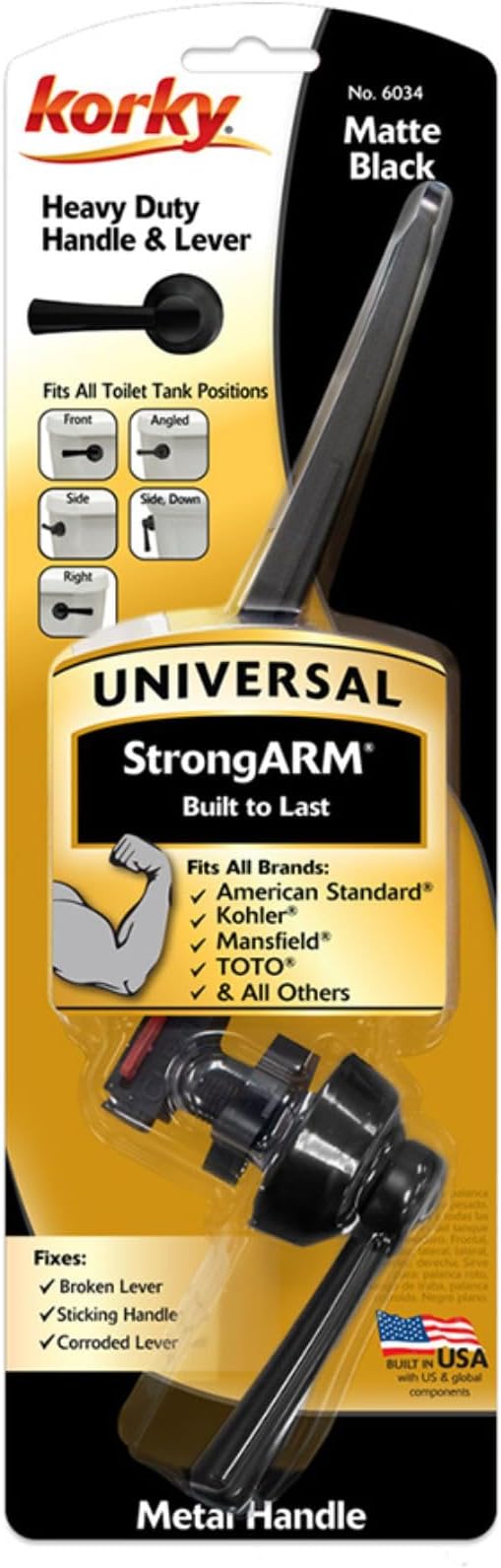Korky Strongarm Metal Toilet Handle and Lever - Universal to Fit Front, Angled, Side, Left, and Right Mount Toilets - Matte Black, Simple Style, 6034BP