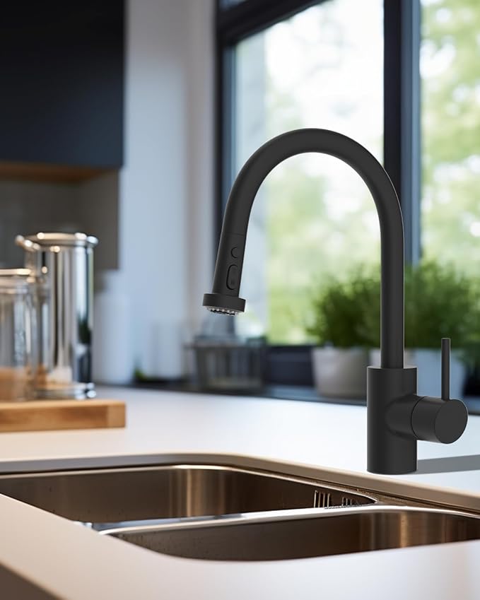 Hibbent Pull Down Kitchen Faucet Head Replacement, 3 Function Sink Faucet Sprayer Head Nozzle with 15 Adapters, Compatible with Moen, American Standard, Delta, Kohler Faucets, Matte Black