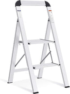 KINGRACK Aluminium 2 Step Ladder, Lightweight Step Stool with Non-Slip Pedals, Handrail, 330LBS Foldable Step Ladder for Kitchen, Garage, Home, Space Saving, Sturdy and Portable, Silver