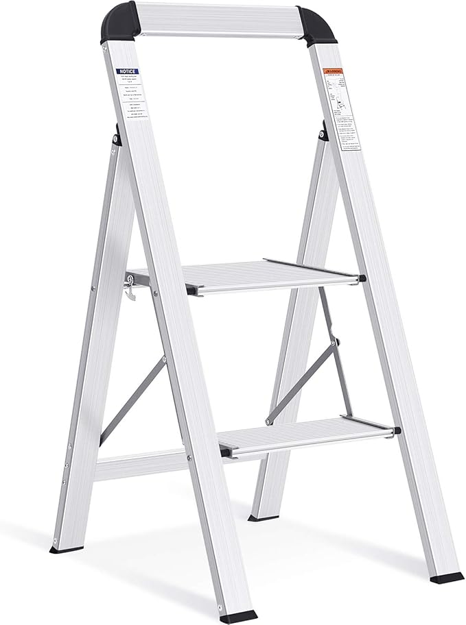 KINGRACK Aluminium 2 Step Ladder, Lightweight Step Stool with Non-Slip Pedals, Handrail, 330LBS Foldable Step Ladder for Kitchen, Garage, Home, Space Saving, Sturdy and Portable, Silver