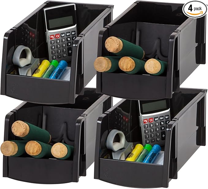 IRIS USA Medium Stackable Storage Bins, 4-Pack, 11" L x 6" W x 5" H, |Made in USA|, Plastic Open Front Shelf Bin for Organizing Parts, Hardware, Tools, Supplies, Garage Shelf, Pantry - Black