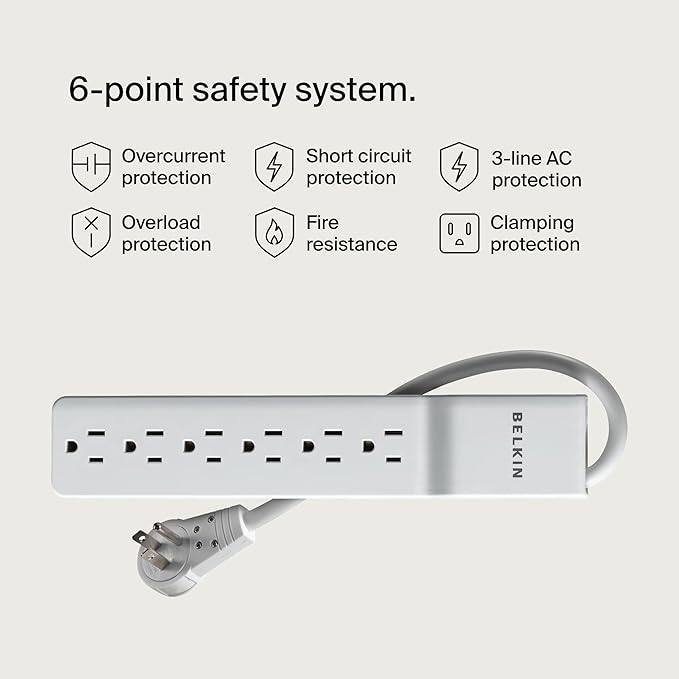 Belkin 6-Outlet Power Strip Surge Protector w/Flat Rotating Plug, 6ft Cord – Ideal for Personal Electronics, Small Appliances and More (1080 Joules), White, 6' - 6 Pack