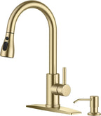 FORIOUS Gold Kitchen Faucet with Soap Dispenser, Single Handle Stainless Steel Transitional Sink Faucet with Pull Down Sprayer 1 or 3 Hole, Suitable for Farmhouse Laundry Camper RV Bar