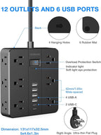 Power Strip Surge Protector, Flat Extension Cord Indoor 20 Feet, HUNIAN 12 Widely Spaced Outlets with 6 USB Charger (2 USB C Ports), Desk Charging Station for Home Office Supplies, Dorm Room, Black