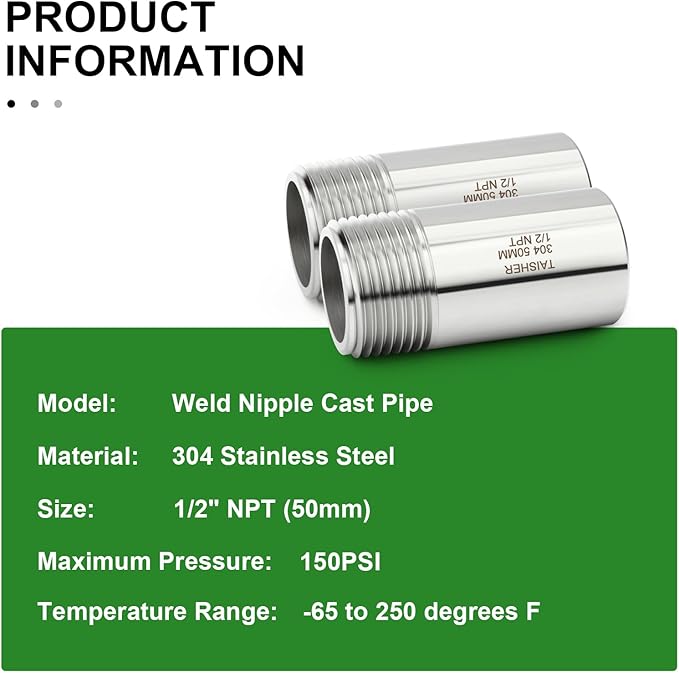 TAISHER 2PCS 304 Stainless Steel Pipe Fittings, 1/2" NPT Male Threaded, 2" Length Weld Nipple Cast Pipe