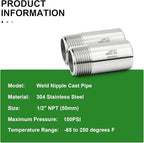 TAISHER 2PCS 304 Stainless Steel Pipe Fittings, 1/2" NPT Male Threaded, 2" Length Weld Nipple Cast Pipe