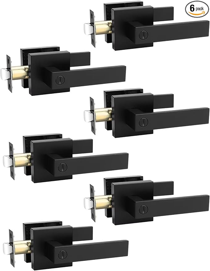 6 Pack Square Privacy Door Levers Locksets in Matte Black Finish, Bed/Bath Door Levers Keyless Interior Handles,Reversible for Left Right Handed Doors