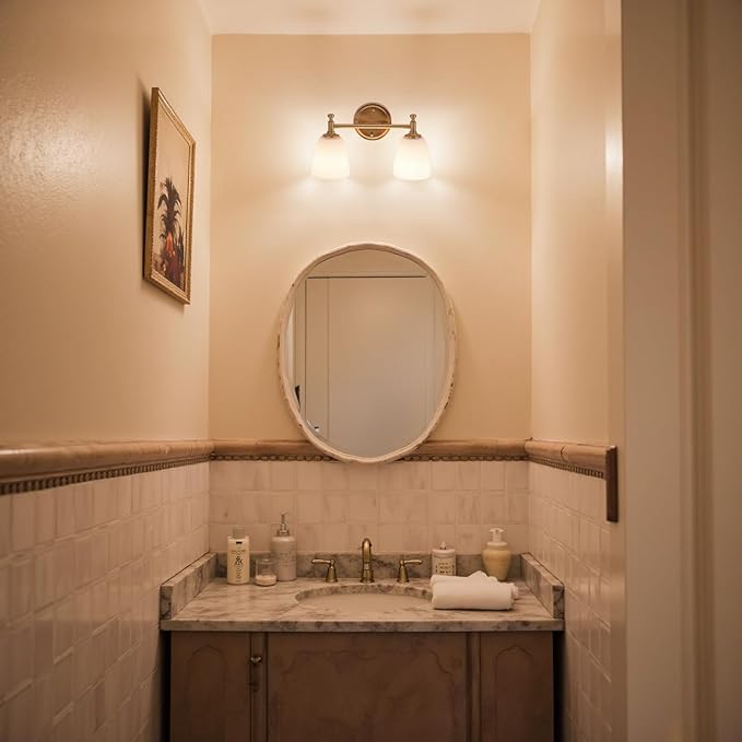 2-Light Gold Bathroom Light Fixtures, Wall Sconce with Brass Base & Milk Glass Shade, Gold Vintage Wall Lamp for Bedroom, Living Room, Hallway,Vanity,E26 Socket (Bulbs Not Included)