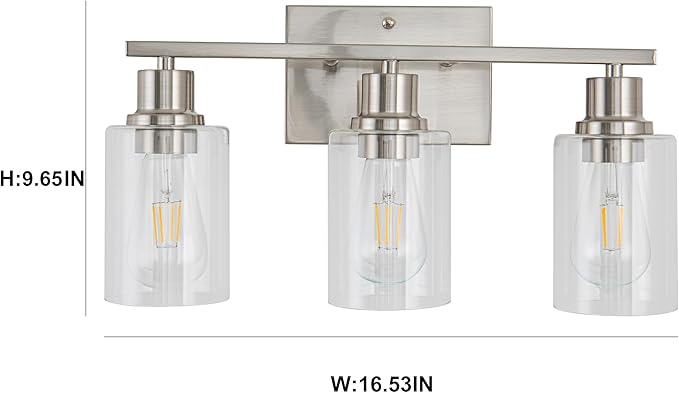 EMONG Brushed Nickel Bathroom Light Fixtures, 3-Light Vanity Lights with Clear Glass Shade, Wall Sconces for Hallway, Farmhouse, Living Room, Kitchen