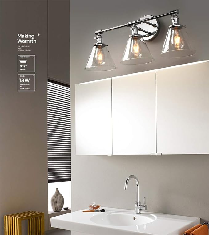 Phansthy 3-Light Wall Sconces Antique Brass Vanity Light, Industrial Wall Lamps with On Off Switch and Clear Glass Lampshade, Vintage Wall Lighting for Bathroom Living Room (Chrome, Cone Shade)