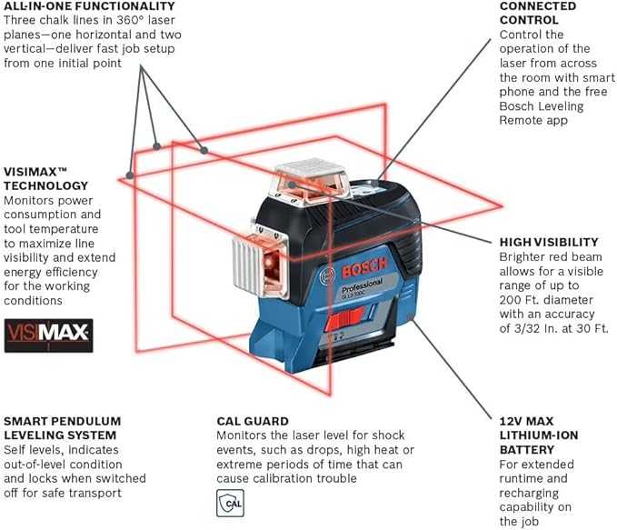 BOSCH GLL3-330C 200 Ft 12V Max Connected 360 Degree Three-Plane Leveling and Alignment-Line Laser, Includes 2.0 Ah 12V Max Lithium-Ion Battery & Charger, Heavy-Duty Pouch, & Accessories