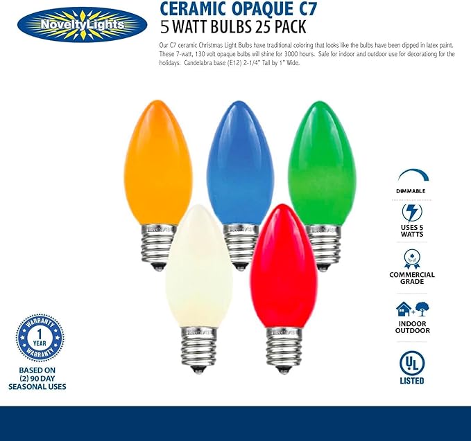 Novelty Lights Ceramic Christmas Replacement Bulbs - Outdoor Individual Bulbs for Events, Holiday Parties, Patios, and More - C7/E12 Candelabra Base, 5 Watt Lights (Multicolor, 25 Pack)