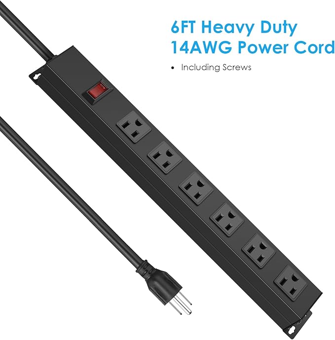 2Pack Metal Wall Mount Power Strip, Mountable Power Outlet with 6 AC Outlets, Aluminum Alloy Mount Power Socket with Switch, 6 FT SJT 3/C 14AWG Power Cord, 15A 125V 1875W (6AC)
