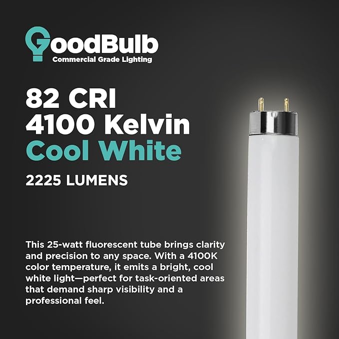 GoodBulb 25-Watt 36 Inch T8 Fluorescent Light Bulb 4100K Cool White Medium Bi-Pin Base 2225 Lumens 86 CRI 36000 Life Hours Instant/Programmed Start Pack of 25 Bulbs