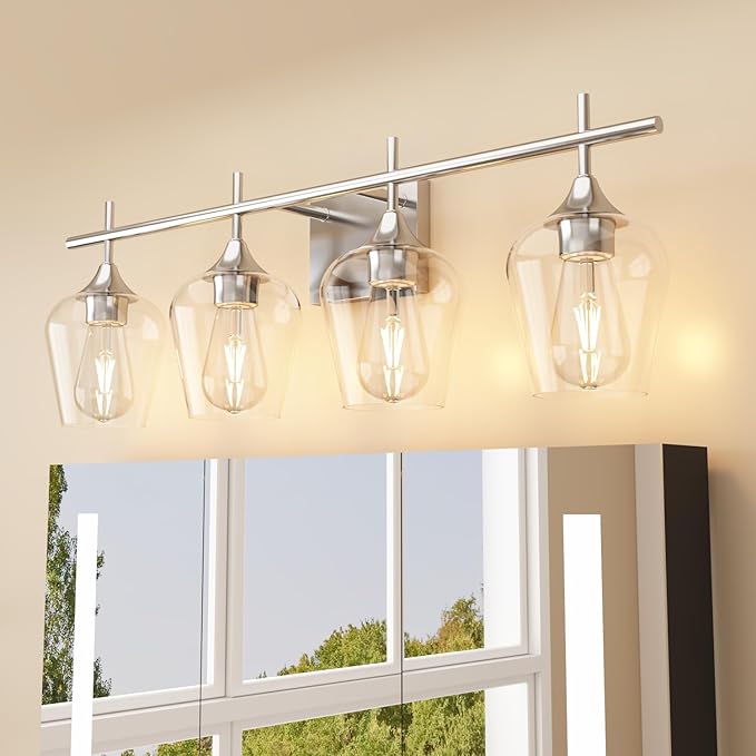 Vanity Bathroom Light, 4-Light Bathroom Light Fixtures Over Mirror, Silver Vanity Lights for Bathroom with Clear Glass, Modern Wall Lamp for Cabinet Hallway, Bedroom