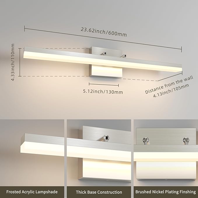 Brushed Nickel Vanity Light for Bathroom - 5CCT Dimmable, Adjustable Angle, 23.62-inch Long 16W LED Bar Light Fixture Over Mirror - Modern Wall Lighting