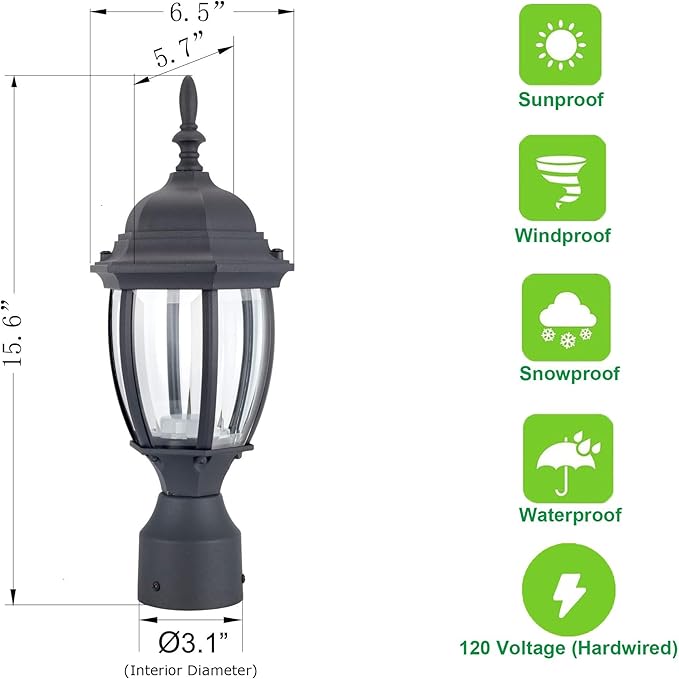 LIT-PaTH LED Outdoor Post Lighting Fixture, Pole Lantern, 9.5W 800 Lumens, 5000K Daylight White, Aluminum Housing Plus Glass, Matte Black Finish, 1-Pack