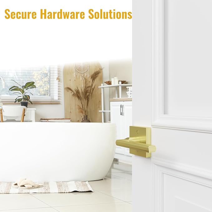 HOSOM Gold Door Knob with Lock Satin Brass Privacy Interior Door Handle Brushed Gold Door Handles for Bedroom Bathroom Keyless Reversible Door Lever Knob for Left & Right Handled Doors, 2 Pack