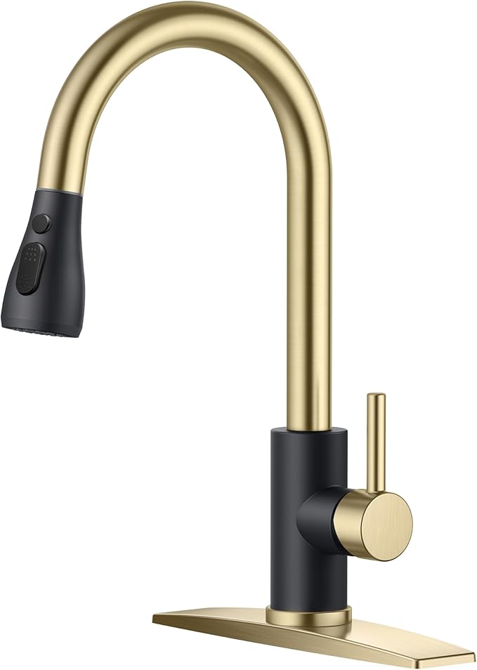 FORIOUS Kitchen Faucets with Pull Down Sprayer, High Arc Single Handle Classic Stainless Steel Sink Faucet 1 or 3 Hole, Suitable for Farmhouse Camper Laundry Rv Bar, Black Gold