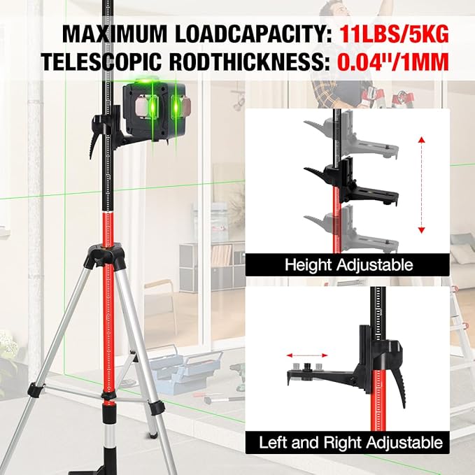 MOETER Laser Pole, 12FT/3.7M Adjustable Laser Level Pole with Tripod and 1/4''-20 Mount for Rotary and Line Rotary Lasers, Telescoping Laser Level Tripod with 5/8"-11 Thread Adapter