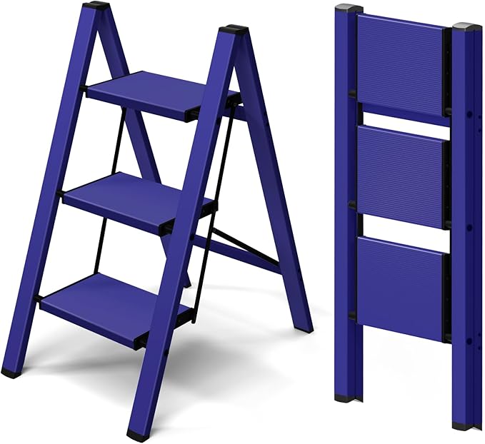Taranta 3 Step Ladder,Aluminum Lightweight Folding 3 Step Stool with Anti-Slip Wide Pedal,330lbs Capacity Step Ladder for Household,Kitchen,Office - Blue