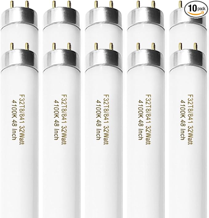 F32T8/841 32W 48 Inch T8 Fluorescent Tube Light Bulb, T8 Fluorescent Bulbs 4 Foot, 4ft Light Bulb, 4100K Cool White, 2850 Lumens, G13 Medium Bi-Pin Base,10 Pack