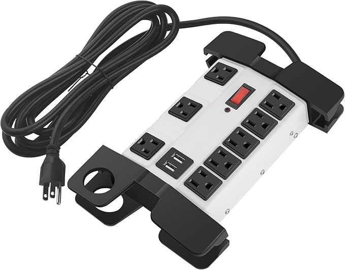 Heavy Duty Power Strip with USB, Workshop 8 Outlet Surge Protector 2700 Joules, Grey Industrial Metal 15Amp Power Strip, 10FT Extension Cord and Wide Spaced.