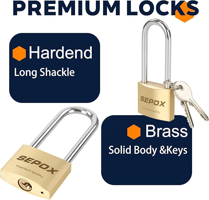 SEPOX® 4-Pcs Pack Heavy-Duty Solid Brass Padlocks 40mm 1-9/16" Width, 2-5/8" Extra Long Shackle, with Same Keys 6Pcs, Weather Proof Outdoor Lock & Key, Keyed Alike for Gates, Shed, Fence, Gym Locker