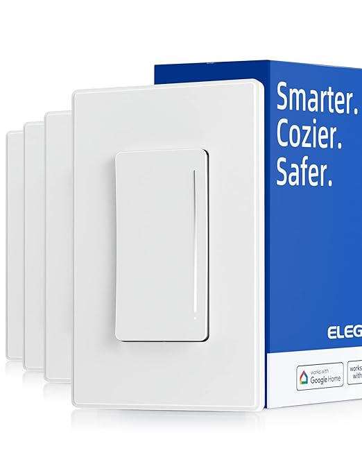 ELEGRP Smart Dimmer Light Switch DTR30, Single Pole or 3 Way, 2.4GHz Wi-Fi Touch Dimmer Compatible with Alexa/Google Assistant, Needs Neutral Wire, No Hub Required, UL and FCC Listed, White, 4 Pack
