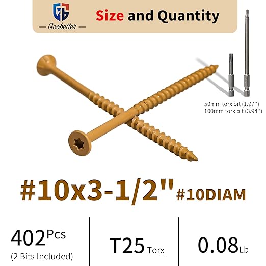 Deck Screws 3-1/2 Inch, 400 Pcs Wood Screws #10 x 3-1/2", Rust Resistant, Exterior Construction Fence Screws, Torx/Star Drive Head, 2 Pcs T25 Star Bits Included, Yellow