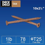 Wood Screws #10 x 3, Tan Ruspert Coating Exterior Deck Screws, Torx/Star Drive Flat Head,Twist Shank, Cut Tip/Thread, Bit Included, 1 lb/Box