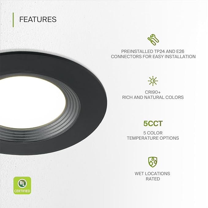 ASD Retrofit LED Recessed Lighting 6 Inch | Black 12W 1009 Lm Wet Rated Dimmable Ceiling Downlights | 2700K-5000K Adjustable CRI90 Room Recessed Light Fixtures | LED Can Lights, UL Listed