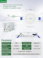 zouzai 4 Inch 5CCT Ultra-Thin LED Recessed Ceiling Light with Junction Box, 2700K/3000K/3500K/4000K/5000K Selectable, 9W Eqv 80W, Dimmable, led can Lights - ETL and Energy Star Certified【 6 Pack 】