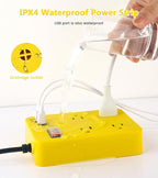 Outdoor Power Strip Weatherproof,Fast Charging Station 20W USB C,Waterproof Surge Protector 4 Outlets, Multi Outlet Extension for Camping, Garden, Kitchen,Bathroom,Flat Plug (Yellow, 6 FT Cable)